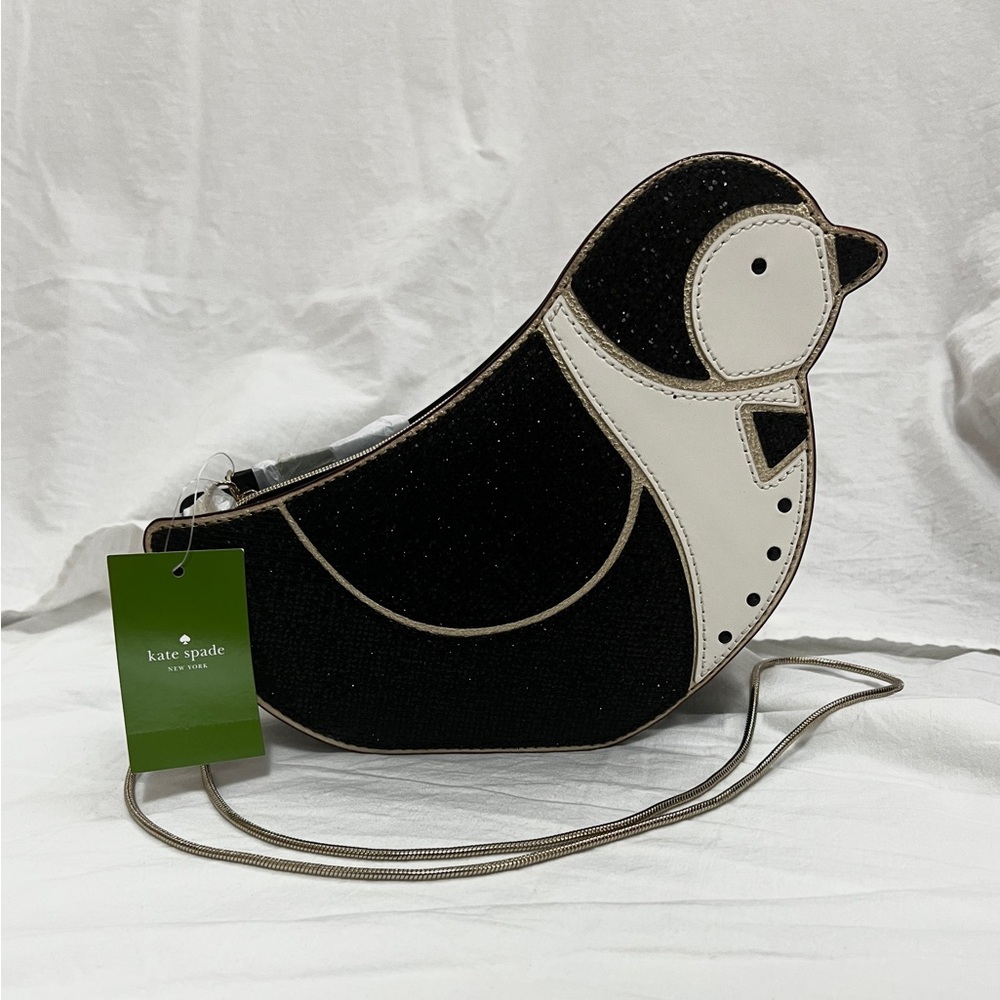 Kate Spade New With Tags black and white penguin crossbody with gold chain